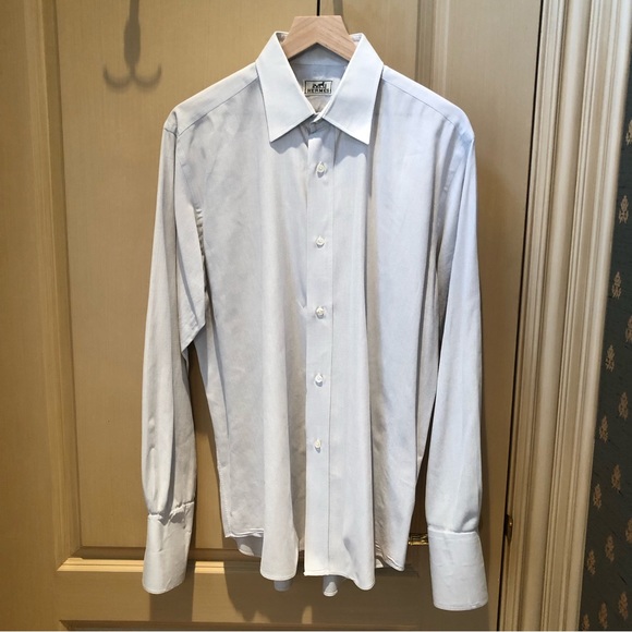 Hermes Shirts Hermes Gray Blue Knit Jacquard French Cuff Button